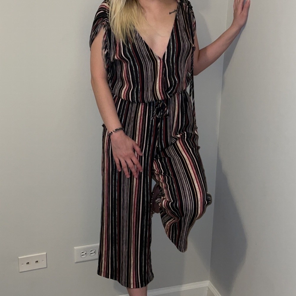 Veronica M NWT short sleeve crop pants romper new bomehiam striped date night